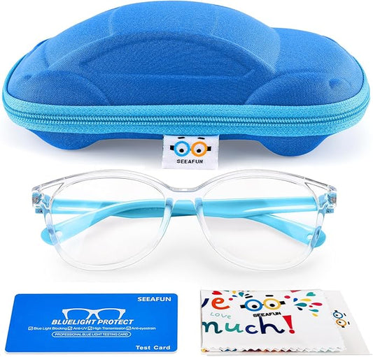 Blue Light Glasses for Kids Girls Boys with Cute Car Case, UV400 Protection, Anti Blue Ray Age3-12