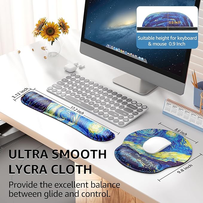 KTRIO Ergonomic Keyboard Wrist Rest and Mouse Pad with Wrist Rest Set, Memory Foam Wrist Support for Typing, Gaming, Office and Home Use, Starry Night
