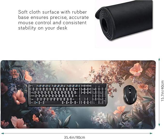 Cute Floral Aesthetic Azalea Gaming Mouse Pad, Ink Blue Red Dreamy Desk Mat with Anti-Slip Base & Stitched Edges,35.4" x 15.7" in Table Mat for Computer Desktop, Beautiful Workstation Decor