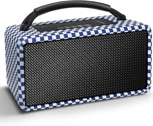 DINDIN Portable Bluetooth Speaker: 80W (Peak), 20H Playtime, Loud Wireless Wood Speakers with Bass, AUX and USB Input, Subwoofer, TWS Pairing, Vintage Speaker for Outdoor, Home, Office (Blue+White)