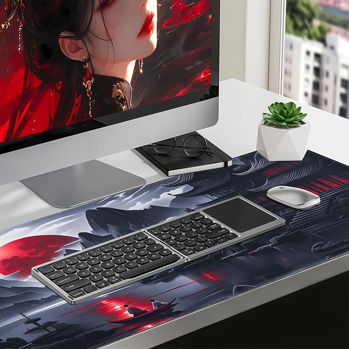Black Mouse Pad Gaming Keyboard Pad 35.4 x 15.7 in Computer Mouse Pad Anime Gaming Mousepad, Expanded Architecture Cool Desk Pad, Japanese Red Moon Large MousePads Suitable for Home Office