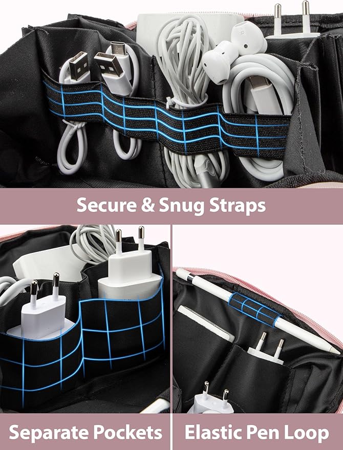 iMangoo Tech Organizer Travel Case 150° Open Large Storage Pouch Purse for Women Zipper Waterproof Bag Power Bank Portable Charger Cable Cord Electronics Accessories Trip Travel Essentials Bags Pink