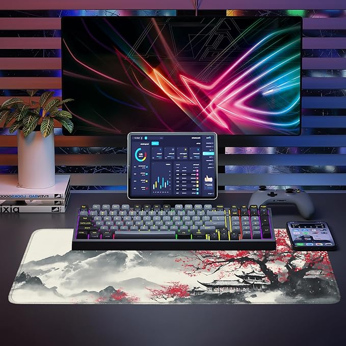 Mouse Pad, Large Anti-Slip with Stitched Edges Desk Mat Desktop Laptop Computer Desk Keyboard Mat,Table Protector Blotter Mat (Plum Blossom, 31.5" x 11.8")