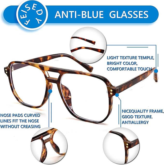 FEISEDY Blue Light Blocking Glasses Fake Nerd Clear Square Computer Lightweight Pilot Glasses Frame Oversized B2866