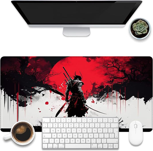Large Gaming Mouse Pad, Cool Japanese Samurai Desk Mat, Red and White Samurai Desk Pad, 31.5"x15.7" Extended Big Computer Keyboard Mouse Pad with Non-Slip Base and Stitched Edge