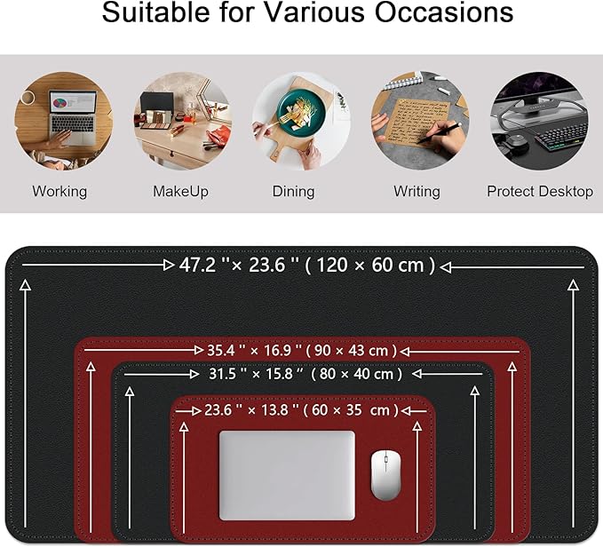 Double-Sided Office Desk Mat, Large Mouse Pad, Waterproof PU Leather Protective Pad, Laptop Desk Pad, Dual Use Cover Protector for Office/Home Keyboard (Red+Black, 31.5''×15.8'')