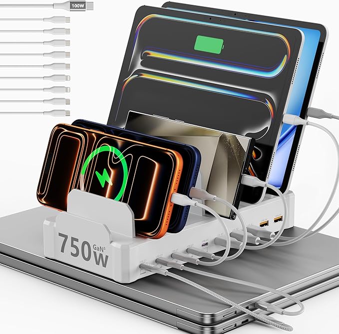 750W Charging Station for Multiple Devices, 10-Port Fast Charger, 5 USB-C 120W Each and 5 USB-A 30W Each, Desktop Charging Hub for Laptop Phone Tablet, White