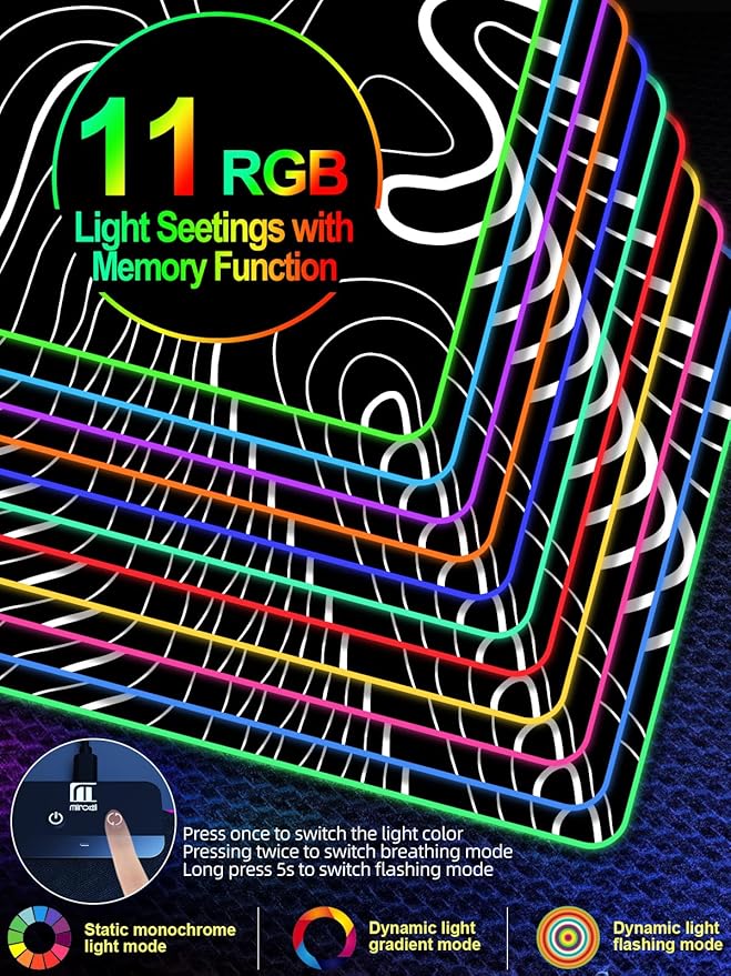 XXL Mouse Pad with Foldable Phone Holder - Black, RGB Desk Mat with 15W Fast Charging, LED Gaming Mousepad with 11 Light Colors, Waterproof Non-Slip Pad (Stand-XXL RGB Topographic)