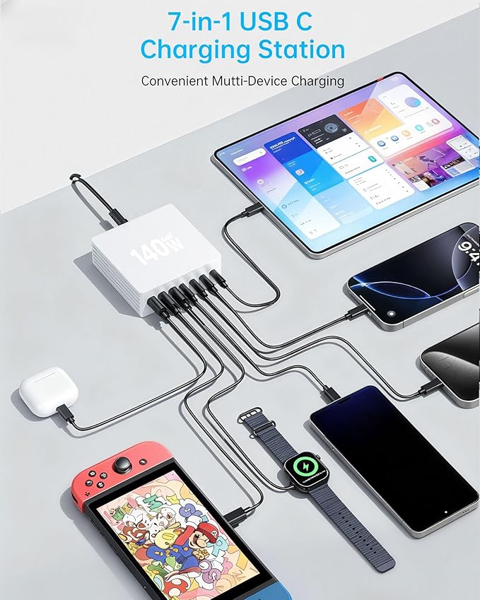 USB C Charger Block, 140W GaN III 7-Port Fast Charging Station for Multiple Devices, PD 3.0 USB Wall Power Strip Charging Hub Travel Adapter Plug for iPad iPhone Samsung Android, White