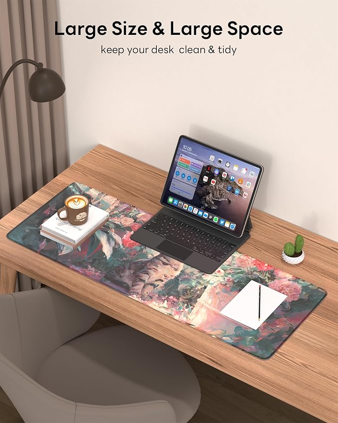 Pink Cat Mouse Pad, 31.5 x 11.8 Large Desk Mat with Stitched Edges & Non-Slip Base, Mousepad for Office, Home, Work