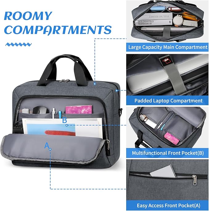 Dakuly Laptop Bag 17.3 Inch Laptop Briefcase Large Waterproof Laptop Case for Men Women Business Office Work Computer Bag 17 Inch Adjustable Shoulder Messenger Bag, Grey