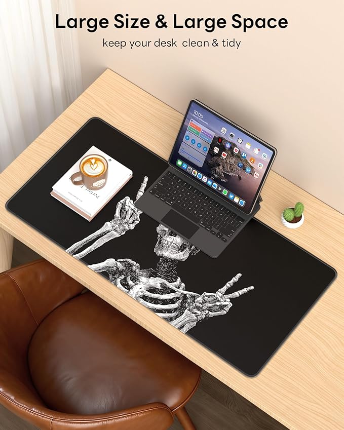 XL Gaming Mouse Pad, 31.5x15.7'' Large Desk Mat with Anti-Slip Rubber Base & Stitched Edges for Gaming, Office, Home - Fun Skull