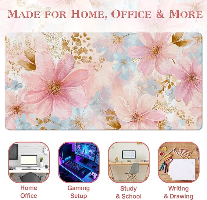 Desk Mat Desk Pad for Keyboard and Mouse, 31.5 x 15.7 in, Pastel Pink Blue Floral Watercolor PU Leather Computer Protector, Non-Slip Base, Waterproof, Easy Clean for Office Gaming, Mouse Pad