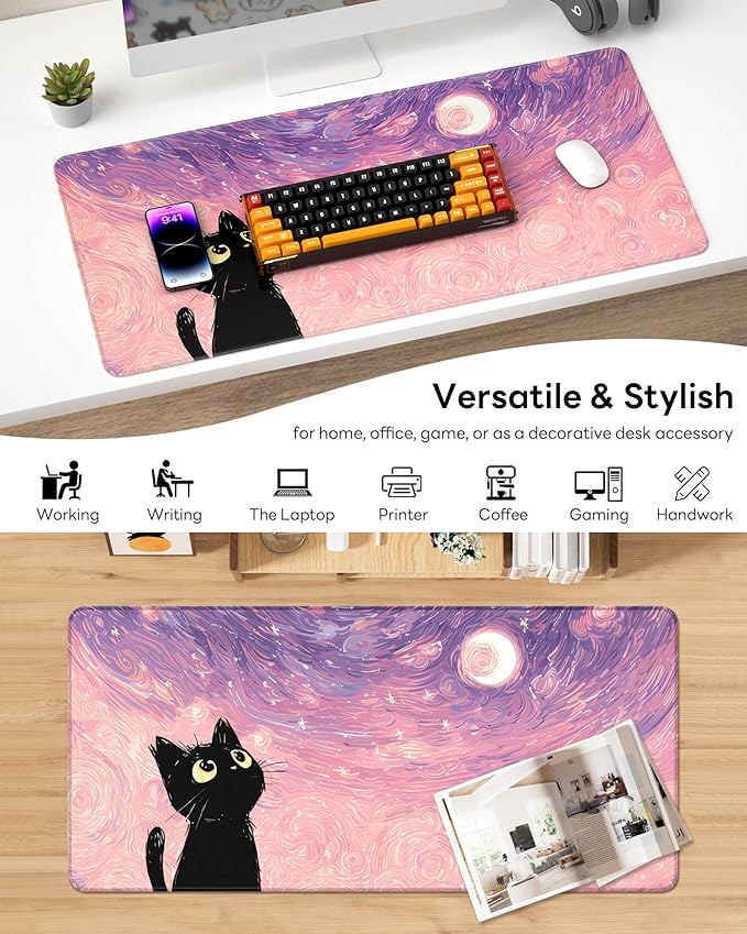 XL Gaming Mouse Pad, 31.5x15.7'' Large Desk Mat with Anti-Slip Rubber Base & Stitched Edges for Gaming, Office, Home - Van Gogh Cat