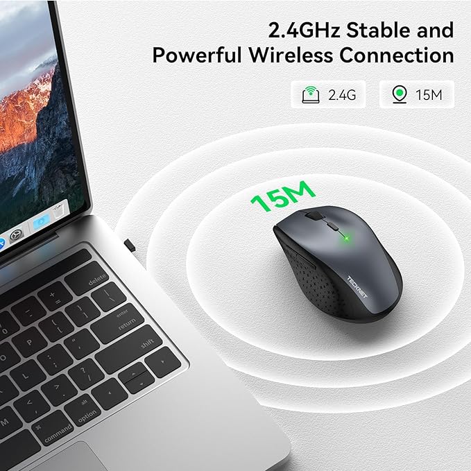 TECKNET Wireless Mouse, 2.4G USB Computer Mouse with 6-Level Adjustable 4800 DPI, Silent Quiet Click???30 Months Battery, Ergonomic Grips, 6 Buttons Portable for PC, Chromebook, Mac - Grey