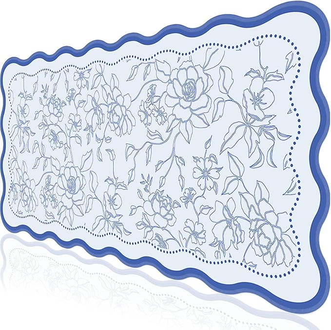 L-SPOUTTO Vintage Floral Mouse Pad,Aesthetic Desk Mat XXL Large Scalloped Gaming Mousepad,35.4x15.7in Non-Slip Keyboard Pad Waterproof Desktop Mat for Laptop Computer Work Game Home Office-Blue