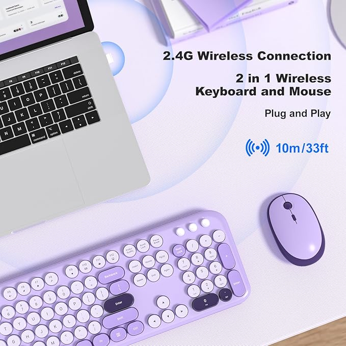 Wireless Keyboard and Mouse, 2.4Ghz USB Retro Full Size Typewriter Keyboard and Cute Mouse Combo for Windows 7/8/10, Laptop, Desktop, PC, Computer (Purple Colorful)