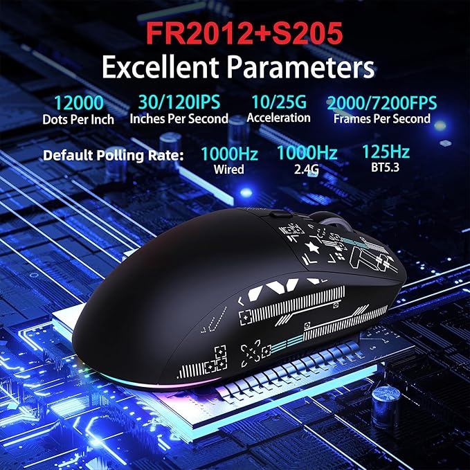 Wireless Gaming Mouse RGB Light, 3 Mode Wired 2.4G BT5.3 12000 DPI 7 Programmable Buttons, Magnetic Charging Dock for PC Laptop Gaming (Black)