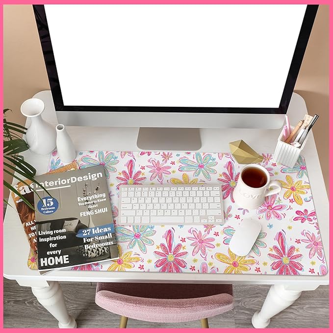 Remerry Colorful Floral Large Mouse Pad Pink Floral Desk Mat for Desktop Women Girls Flowers Waterproof Desk Pad PC Computer Laptop Protector Gaming Mouse Pads for School Office Home 31.5" x 15.7"