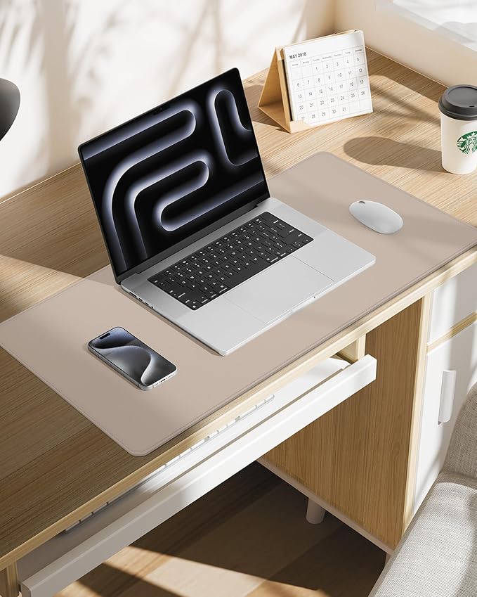 Desk Pad PU Leather Large Mouse Pad Laptop Computer Desk Mat Table Blotter Waterproof Non-Slip Desktop Protector Durable Writing Pad for Office and Home (Beige, 90x43cm)