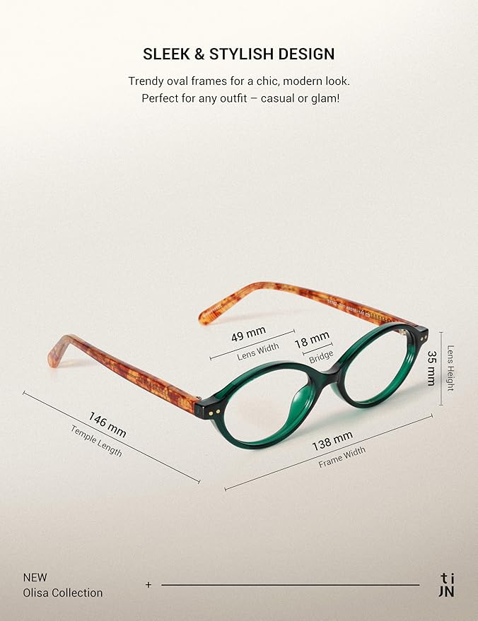 TIJN Olisa Blue Light Blocking Glasses for Women Men,Retro Oval Frame Bluelight Eyeglasses for Gaming/Computer/Screen