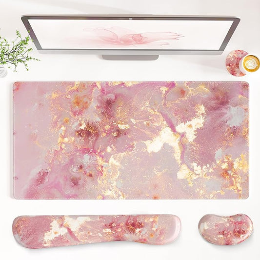 QiyI Leather Desk Mat Set, 4-in-1 Large Mouse Pad with Wrist Rest, Non-Slip Desk Pad + Keyboard Wrist Rest + Mouse Wrist Support + Coaster, Office Desk Accessories Home Decor Supplies, Pink Marble