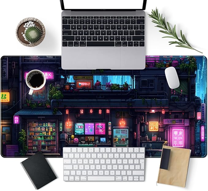 Cyberpunk Desk Mat 31.5''X15.7'' Neon Lights Desk Pad Large Gaming Mouse Pad Modern City Ramen Shop Extended Mousepad XXL Japanese Keyboard Mouse Mat for Computer Laptop Gamers
