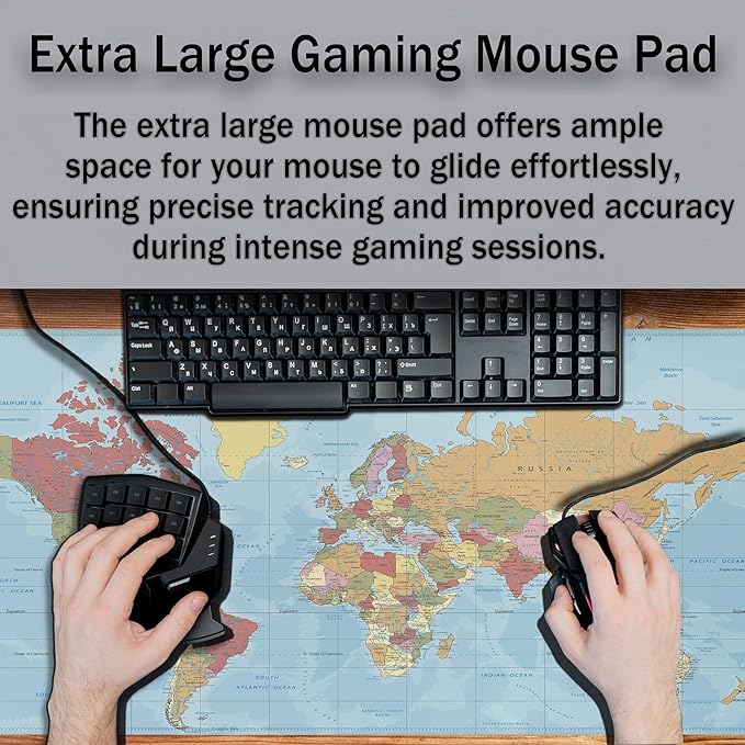 Desktop Mat World Map Full Desk Mouse Pad, Office Gaming Mousepad Large Mousepad, Computer Pad Non-Slip Rubber Base Waterproof with Stitched Edges, 35.4 X 15.7 in for Work/Game/Office/Home
