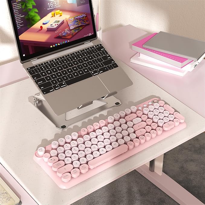 Wireless Bluetooth Keyboard - Full Size Retro Round Typewriter Style Wireless Keyboard with 2.4GHz & Bluetooth Dual-Mode Compatibility for PC, Laptop, Windows, Mac, and More (Pink)