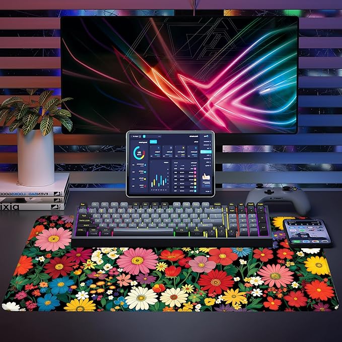 Mouse Pad, Large Anti-Slip with Stitched Edges Desk Mat Desktop Laptop Computer Desk Keyboard Mat,Table Protector Blotter Mat (Flower, 35.4" x 15.7")