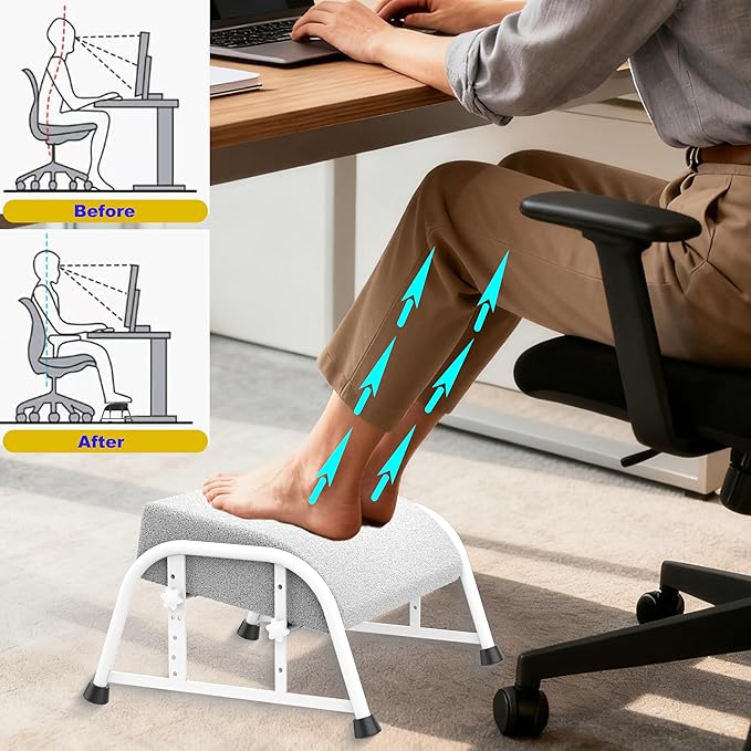 Under Desk Footrest with Memory Foam, Adjustable 10-Level Ergonomic Foot Rest for Office & Gaming Desk Accessories for Leg Rest, Reinforced Metal Frame, Non-Slip Base Extra Large（White