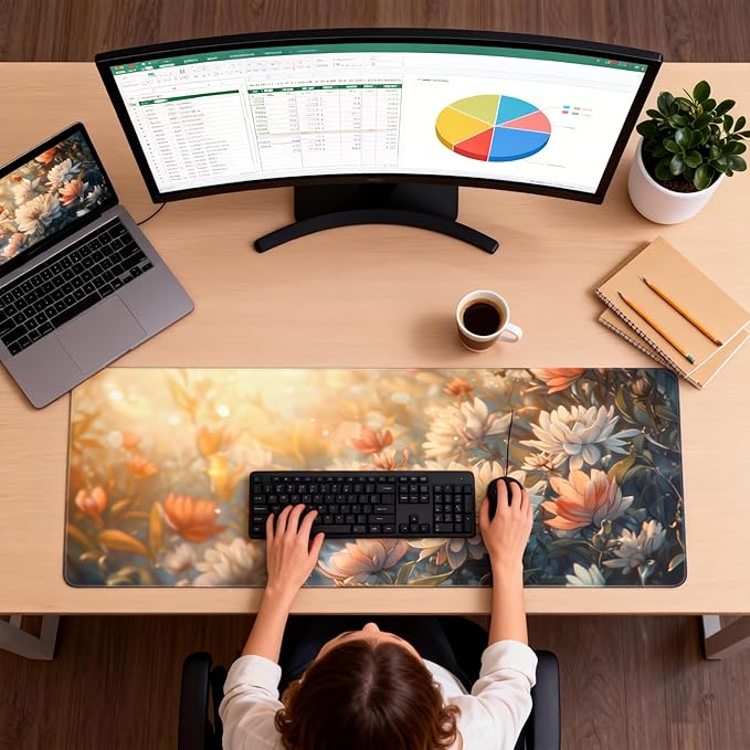 Floral Aesthetic Dahlia Gaming Mouse Pad, Orange White Dreamy Desk Mat with Anti-Slip Base & Stitched Edges, Computer Keyboard & Laptop Pad, 35.4" x 15.7" in in Workstation Accessories
