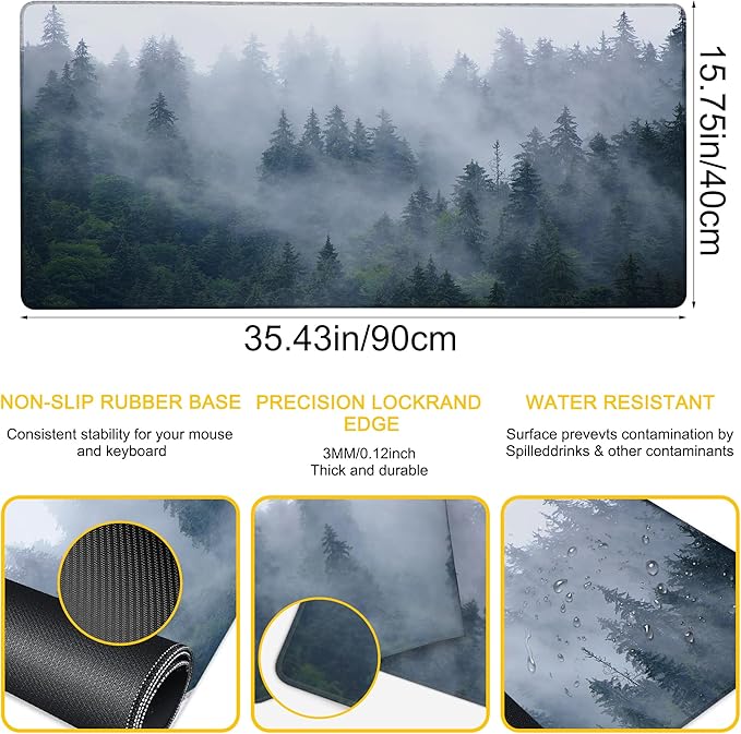 Desk Mat Misty Forest Desk Pad for Keyboard and Mouse, Large Big Gaming Mouse Pad with Stitched Edges for Work Game, 35.43 x 15.75 in