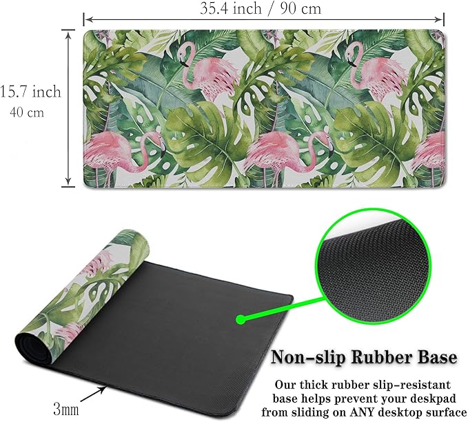 Gaming Mouse Pad Game Mat Pc Mouse Pads Large Desk Pads Computer Desk Pad Waterproof Non-Slip Rubber Base 35.4" X 15.7" for Game Office, Watercolor Tropical Palm Tree with Flamingo