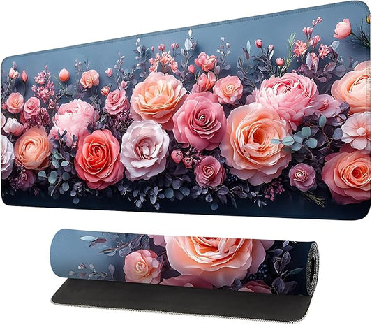 Mouse Pad, Large Anti-Slip with Stitched Edges Desk Mat Desktop Laptop Computer Desk Keyboard Mat,Table Protector Blotter Mat (Pink Flower, 35.4" x 15.7")