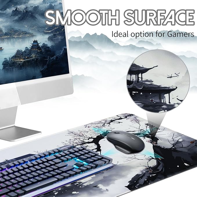 Large Mouse Pad, Japanese Desk Mat with Stitched Edges, XL Anime Gaming Mouse Pad, Non-Slip Long Mousepad for Desk Office Home, 31.5”x11.8”