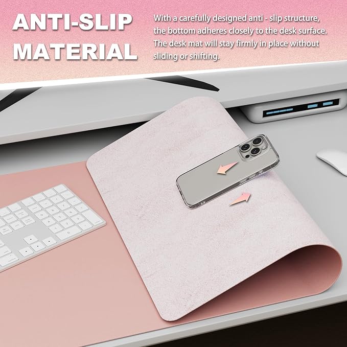 K KNODEL Leather Desk Pad Protector, Office Desk Mat, Large PVC Leather Desk Blotter, Non-Slip Mouse Pad (Pink, 17" x 35.4")