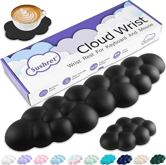Sushret Cloud Wrist Rest Keyboard, Cloud Keyboard Wrist Pad Set with PU Leather Memory Foam, Cute Arm Rest for Palm Support, PC/Gaming Desk Accessories/Office Setup/Computer Hand Cushion - Black