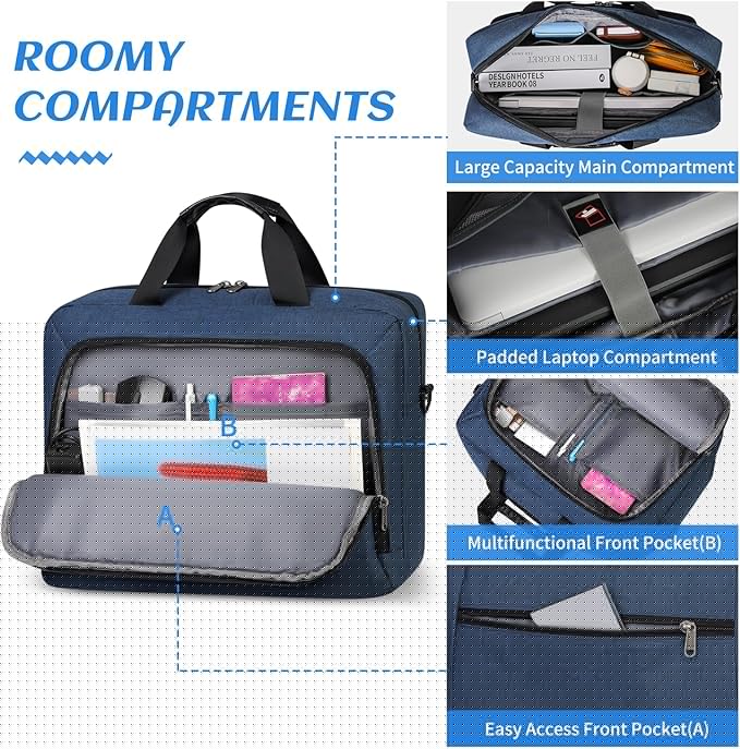 Laptop Bag 15.6 Inch Laptop Briefcase Computer Bag for Men Women Waterproof Business Office Work Large Laptop Case 15.6 Inch Adjustable Shoulder Messenger Bag Blue