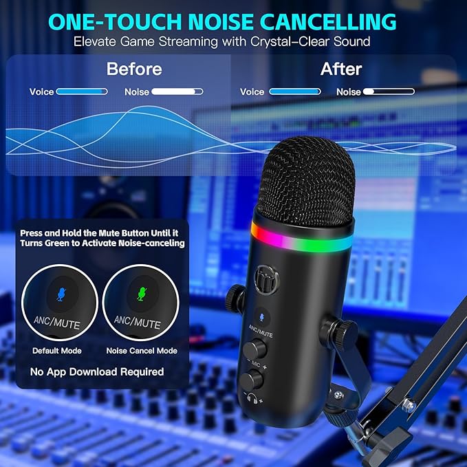 ZealSound Podcast Microphone for PC/Mac/iPhone – USB Studio Mic with Noise Cancellation, RGB Lighting, Mute, Gain, Monitoring & Echo, Boom Arm & Pop Filter, Streaming, Recording, TikTok, YouTube