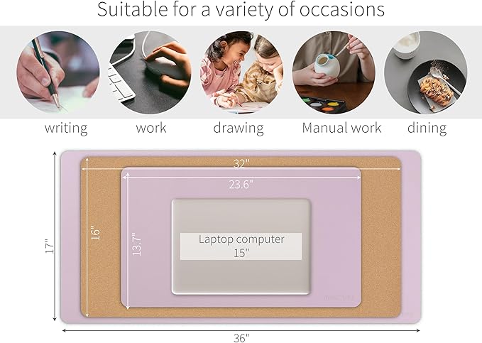 RENMTURE Dual-Sided Large Desk Pad, Faux Leather Natural Cork Mouse pad, Desk Accessories Protector, for Office and Home Work (Dusky Pink, 23.6" x 13.7")