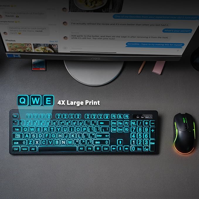 Backlit Large Print Wireless Keyboard and Mouse Combo, 2.4G Full Size Keyboards with Light Up Large Keys, Oversize Letters Keys Easy to See and Type, Quiet Keyboard Mouse for Windows, Laptop, PC