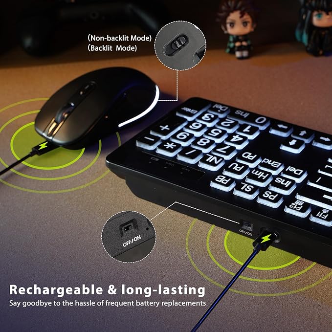 Wireless Keyboard and Mouse - Large Print Wireless Keyboard, KOPJIPPOM 2.4G Full Size Keyboard and Mouse Set with Big Letters and Backlight Key for Seniors, Compatible for Windows, Laptop, PC, Black