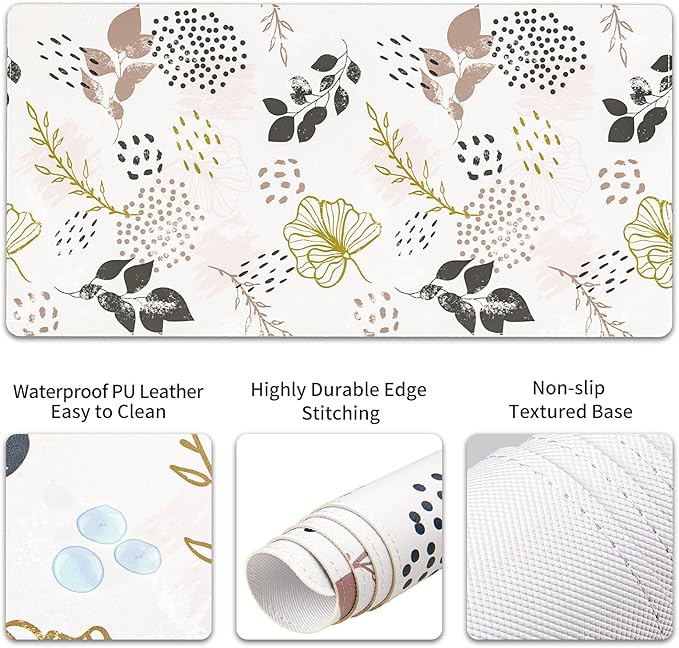 QIYI Leather Desk Mat Set, 4-in-1 Large Mouse Pad with Wrist Rest, Non-Slip Desk Pad + Keyboard Wrist Rest + Mouse Wrist Support + Coaster, Office Desk Accessories Home Decor Supplies, Botanical Leaf