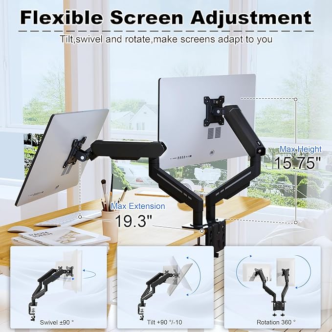 THEARK Dual Monitor Stand for Desk - Dual Monitor Mount for 17-32 Inch Screens,Height Adjustable Dual Monitor Arm Desk Mount with Clamp and Grommet Base,75x75/100x100mm VESA Mount,Max 19.8 lbs,Black