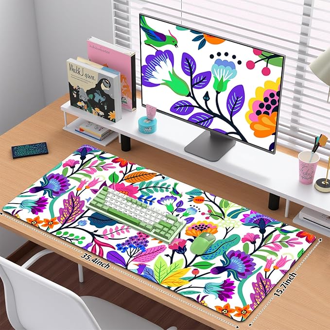 Colorful Flowers Desk Matt for Desktop, Mouse Pad Mat, Desk Mat for Keyboard and Mouse, XXL Large Mouse Pad for Desk, Anti-Slip Big Mousepad with Stitched Edges, Mouse Mat for Computer Laptop Women