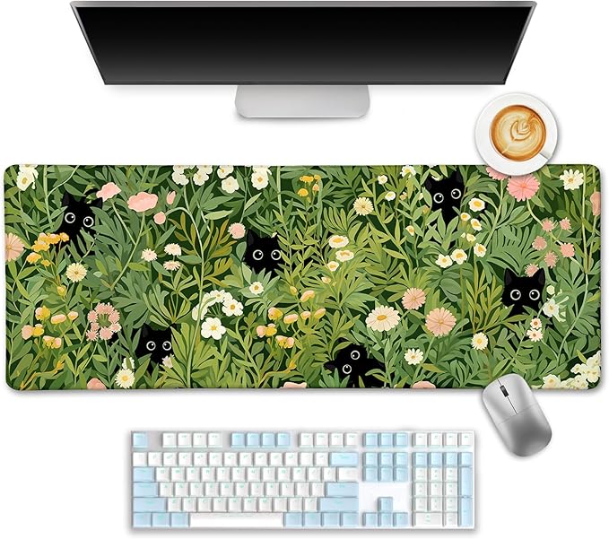 Anime Cat Mouse Pad Green Desk Mat, XL Gaming Mouse Pad with Stitched Edges Non-Slip, Large Keyboard Mat for Desktop Computer Laptop Work Home Cute Office Desk Accessories 31.5x11.8 in