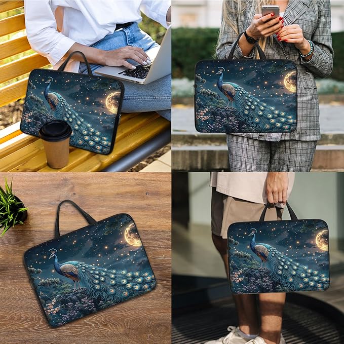 Laptop Sleeve Bag with Handle Computer Protective Soft Cover Case for 14 Inch 13 Inch Laptop,Peacock Moon