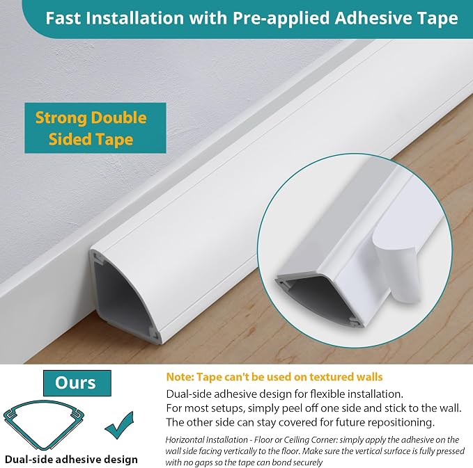 ZhiYo Corner Cable Concealer, Large Corner Cord Hider, Wire Covers for Cords, Paintable Cord Cover, Cable Management Channel Raceway for Wall, Floor Baseboard, Ceiling, White - Image 4