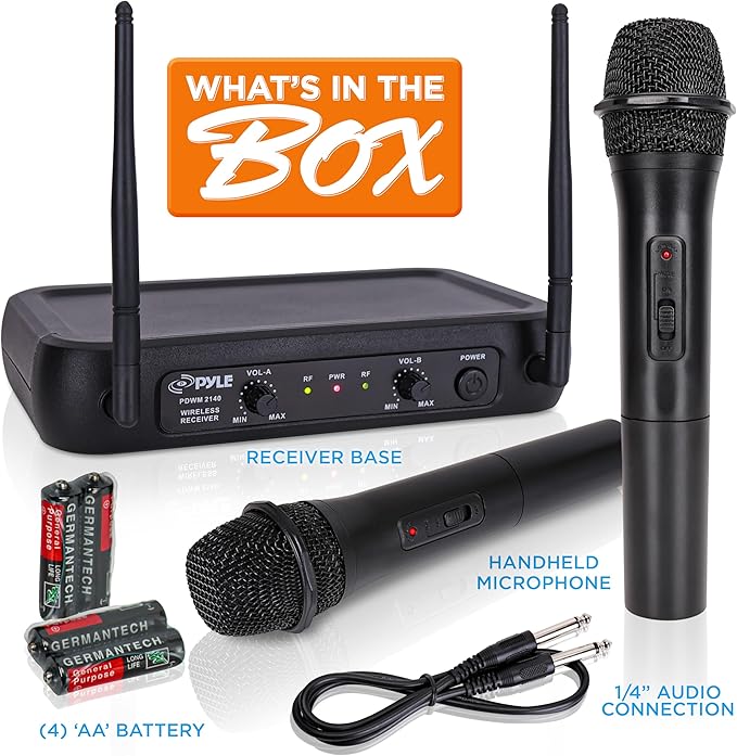 Pyle Channel Microphone System-VHF Fixed Dual Frequency Wireless Set with 2 Handheld Dynamic Transmitter Mics, Receiver Base-for PA, Karaoke, Dj Party (PDWM2135) , Black